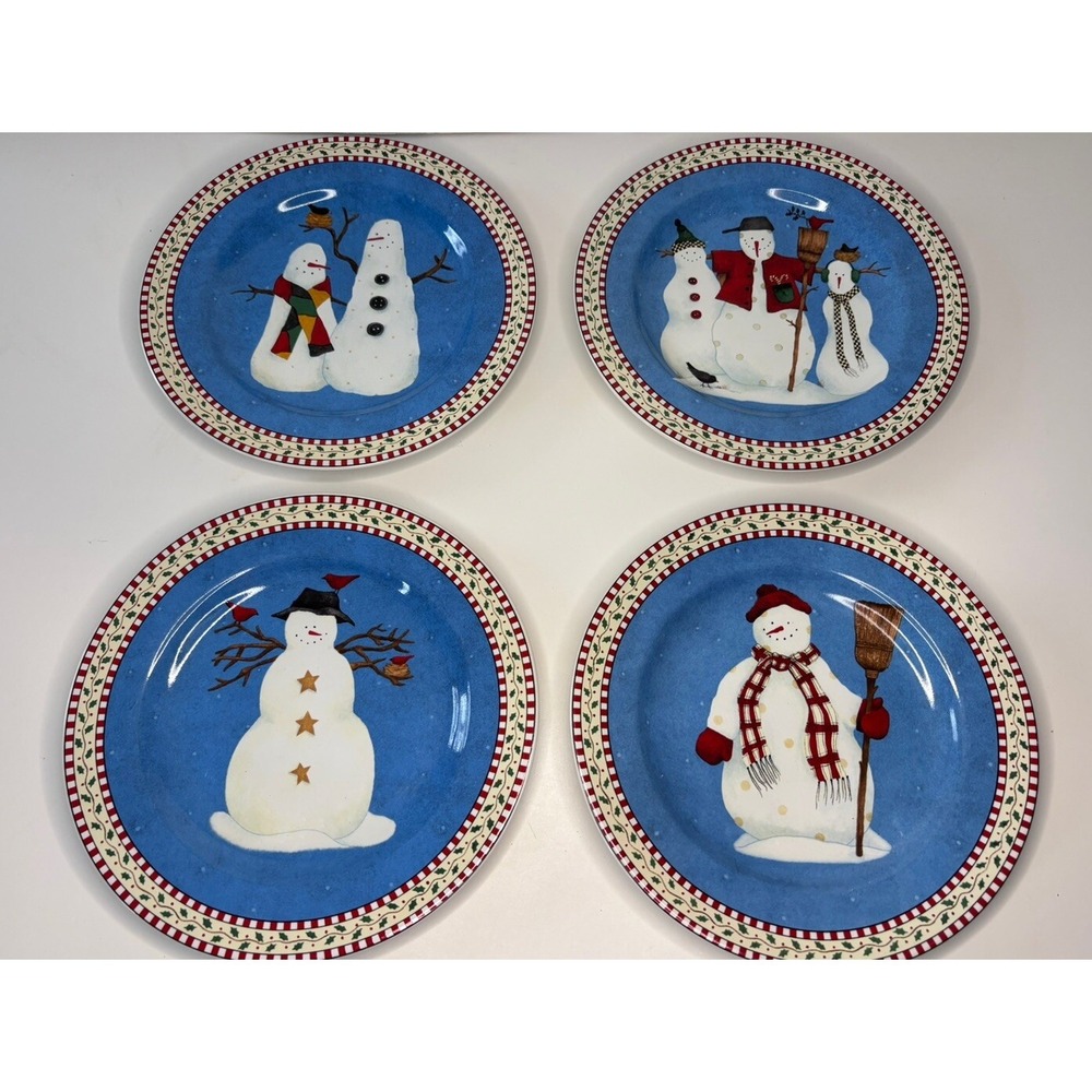 ⛄️Set of 4 Debbie Mumm Snowman 8" Salad Dessert Plates Sakura 1998 Vintage